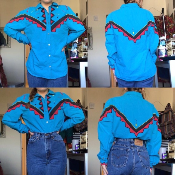 Vibrant Vintage Western Button-Up Neon Blue With Hot Pink and Yellow Details - Picture 4 of 4